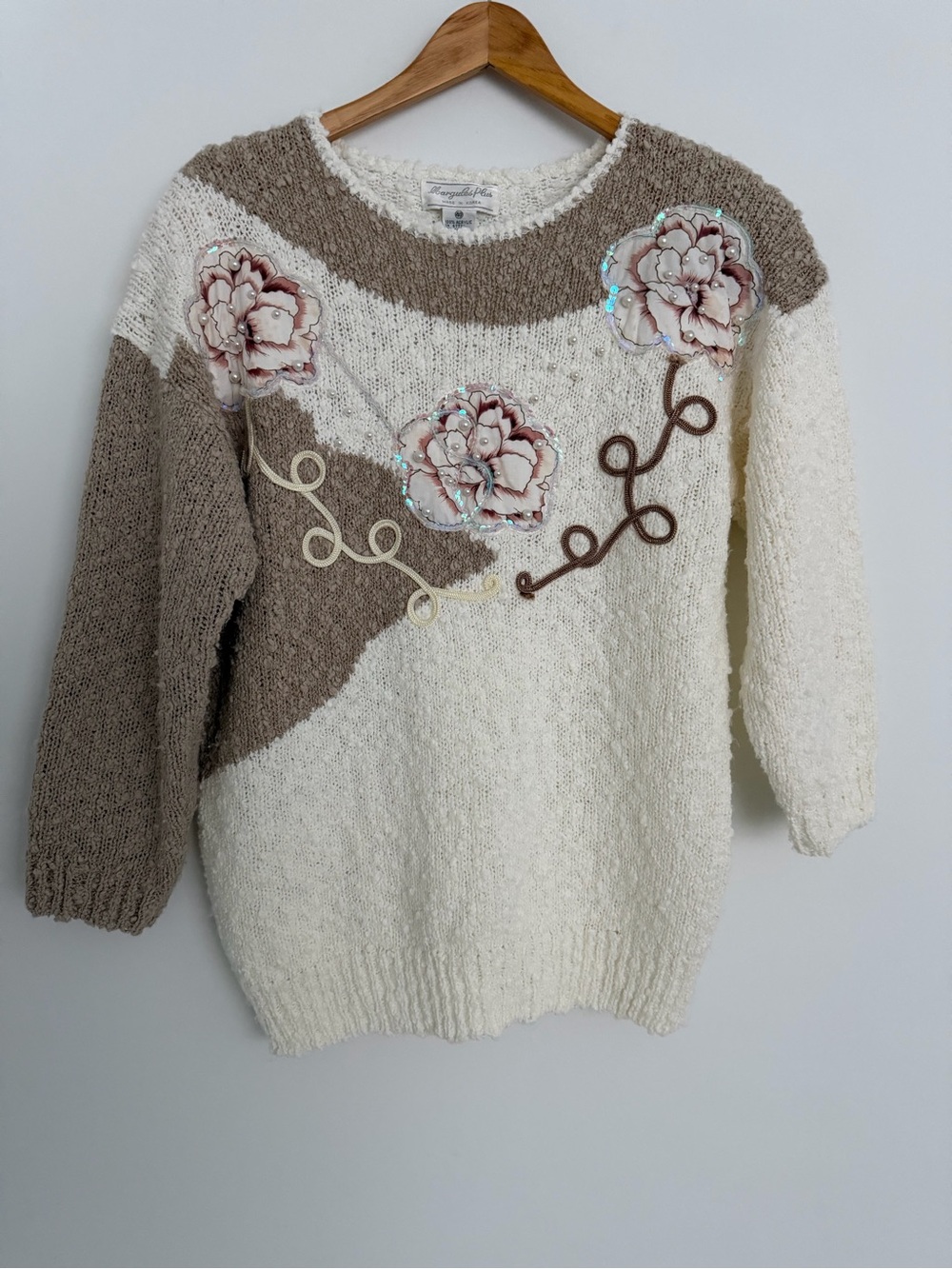 Vintage Cream & Taupe Floral Appliqué Sweater Grannycore